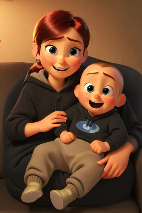 A heartwarming Disney Pixar-style 3D animated scene featuring two siblings sitting together on a comfortable sofa. The older sibling is wearing a dark hoodie, exuding a sense of warmth and protection. The younger sibling is dressed in a cozy outfit with a ...