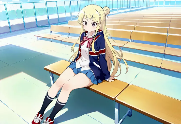 1girl,unwellness(autonomic nervous system disorder and depression) thick thighs Kujou Karen very long hair,blonde hair,single hair bun,hairclip,x hair ornament,sidelocks,side swept bangs,black eyes,white shirt,collared shirt,union jacket,pink bowtie,neck r...