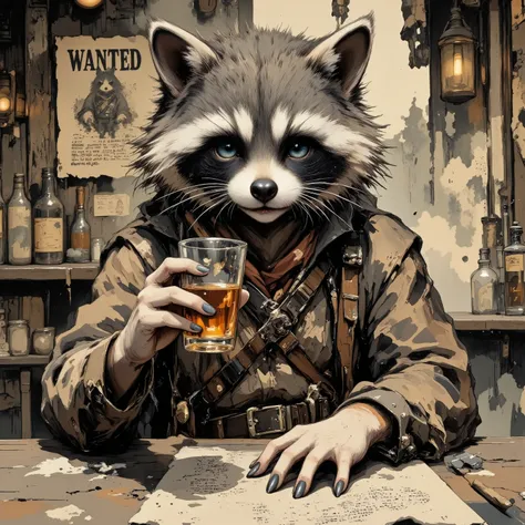 (masterpiece, best quality:1.2), 1animal, solo,(raccoon ,no hat,Western Gunman,vintage,drinking a glass of alcohol ),ink wash painting, (Wanted letter in the western bar), My cat buddy on the table