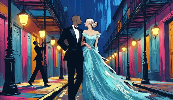 illustration, a couple walking in historic new orleans street, a black man plays trumpet near a street lamp, night, color palette:
Lapis Lazuli, Oxford Blue, Turquoise, Raw Sienna, Brown (Crayola), capture the happiness, the music and the atmosphere from...