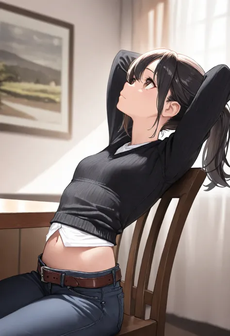 1girl, sitting, sitting at a table on a chair, black hair, ponytail, brown eyes, black sweater, white button shirt, arms behind head, lower pants, cowboy shot, (best quality,4k,8k,highres,masterpiece:1.2),ultra-detailed,digital art,concept art,cinematic li...