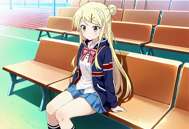 1girl,unwellness(autonomic nervous system disorder and depression) thick thighs Kujou Karen very long hair,blonde hair,single hair bun,hairclip,x hair ornament,sidelocks,side swept bangs,black eyes,white shirt,collared shirt,union jacket,pink bowtie,neck r...