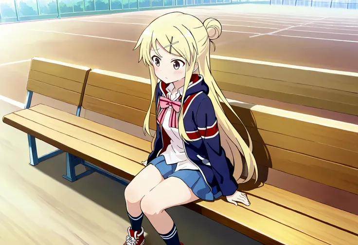 1girl,unwellness(autonomic nervous system disorder and depression) thick thighs Kujou Karen very long hair,blonde hair,single hair bun,hairclip,x hair ornament,sidelocks,side swept bangs,black eyes,white shirt,collared shirt,union jacket,pink bowtie,neck r...