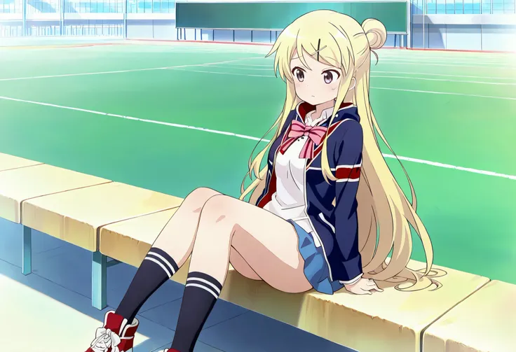 1girl,unwellness(autonomic nervous system disorder and depression) thick thighs Kujou Karen very long hair,blonde hair,single hair bun,hairclip,x hair ornament,sidelocks,side swept bangs,black eyes,white shirt,collared shirt,union jacket,pink bowtie,neck r...