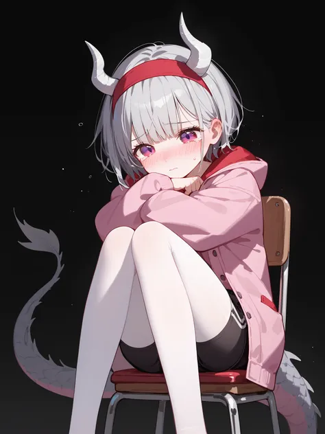 girl,, gray hair,in purple eyes,,in red eyes,Shy,short hair,Has a dragon tail,Gray tail ,Have horns,He breaks,sad,,cute,Pink coat, red headband ,miniskirt,black-white tights,Slim legs,shorts,Shy,standing up,black sky background,sit, chair
