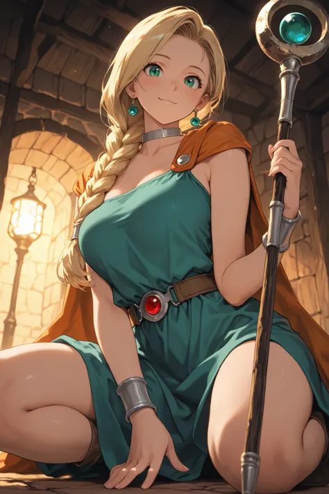 masterpiece, best quality, high resolution, highly detailed, intricate details, vibrant, high contrast, (flawless smooth skin, very aesthetic), 1girl, solo, \(Bianca from Dragon Quest V\), cute girl, very cute face, emerald green eyes, blonde single braid,...