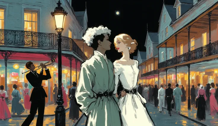 illustration, a couple walking in historic new orleans street, a black man plays trumpet near a street lamp, night, color palette:
Black Chocolate, Army Green, Palm Leaf, Copper (Crayola), Dark Pastel Red, capture the happiness, the music and the atmosph...