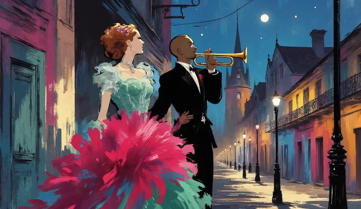 illustration, a couple walking in historic new orleans street, a black man plays trumpet near a street lamp, night, color palette:
Black Chocolate, Army Green, Palm Leaf, Copper (Crayola), Dark Pastel Red, capture the happiness, the music and the atmosph...