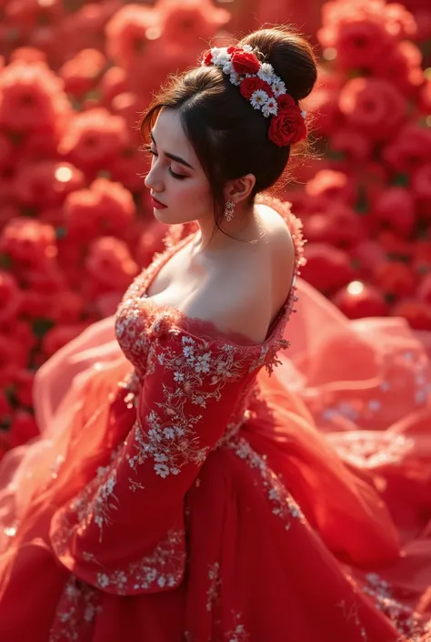 A girl koeran Extreme Wide Shot,aerial perspective,top-down view,grand scale,central subject,woman in hanfu bridal gown,hanfu petals are covered around,intricate crystal floral patterns,ethereal red Color flower sea backdrop,dreamlike ambiance,vibrant red ...