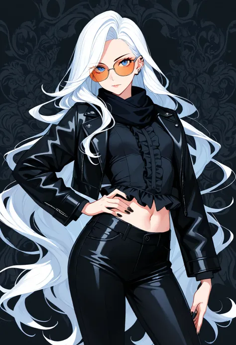 masterpiece,best quality,ultra detail, perfect anatomy, mature woman, 28 years old, black nails, blue eyes, closed mouth, cowboy shot, ear piercing, hand on own hip, long sleeves, looking at the viewer, nail polish, orange-tinted eyewear, solo, very long h...