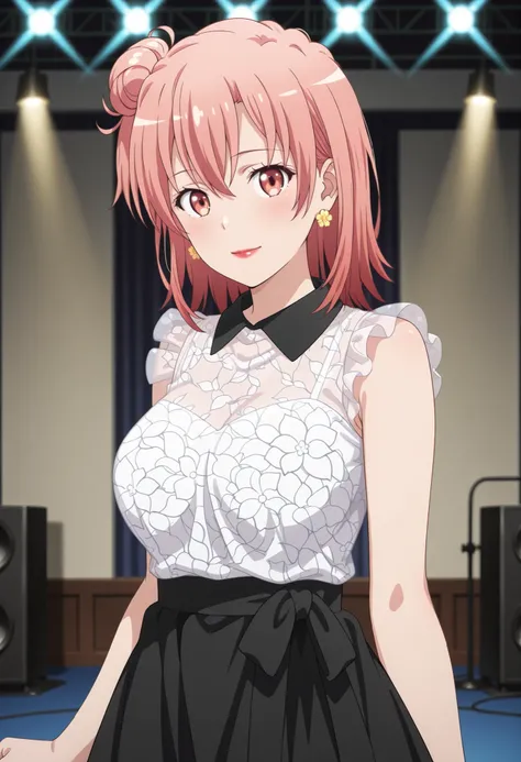 1girl,yui yuigahama,pink hair,short hair,gradient hair,hair bun,pink eyes,single side bun, very large breasts,
, solo, closed mouth, light smile, blush, medium hair, orange hair, single side bun, orange eyes, hair between eyes, flower earrings, red lips, Y...