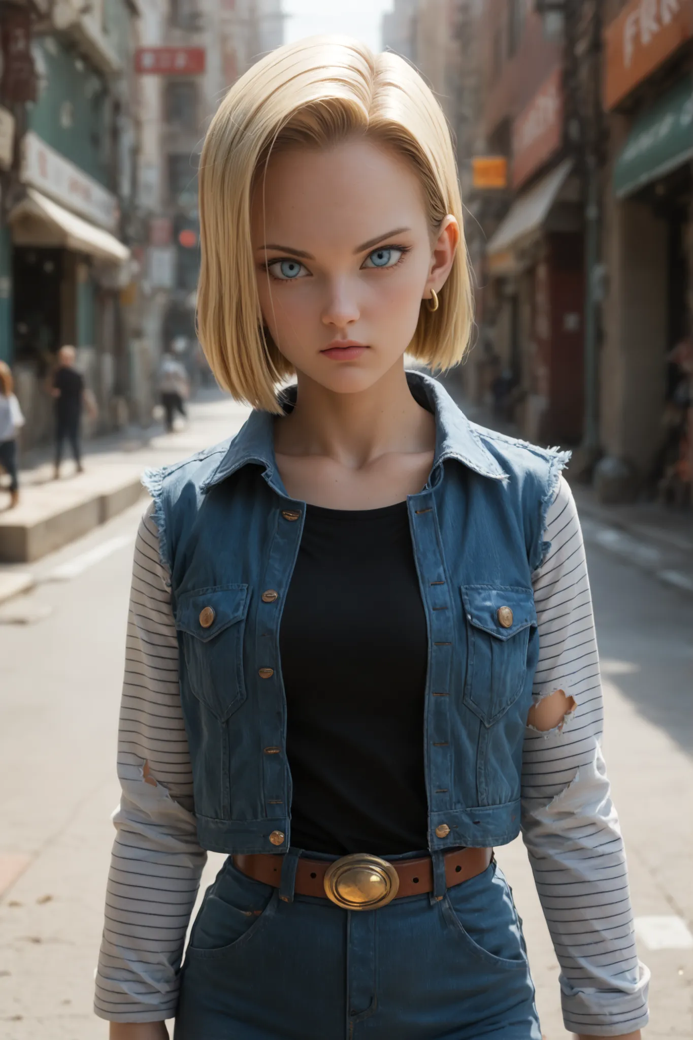 1 girl, android 18, jewelry, collarbone, earrings, jacket, short hair, striped sleeves, denim skirt, jeans, tights, denim jacket, belt, ripped clothes, forehead, confused, outdoors, city, street, dimensional portal, looking at viewer, attractive, pretty, s...