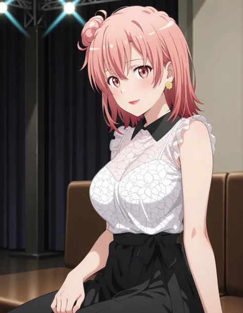1girl,yui yuigahama,pink hair,short hair,gradient hair,hair bun,pink eyes,single side bun, very large breasts,
, solo, closed mouth, light smile, blush, medium hair, orange hair, single side bun, orange eyes, hair between eyes, flower earrings, red lips, Y...