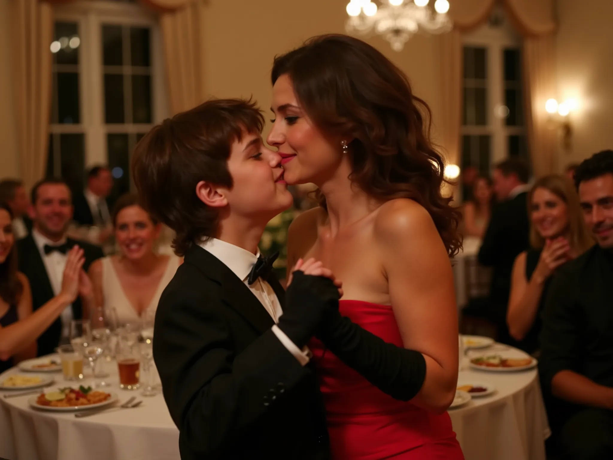 A luxurious house party decorated. small boy with his mom, casual Instagram photo, realistic photo, slutty mom is kissing with her adolescent innocent sweet boy to a "mom and son" . he is very short because of his age. She is smiling laughing wearing weari...
