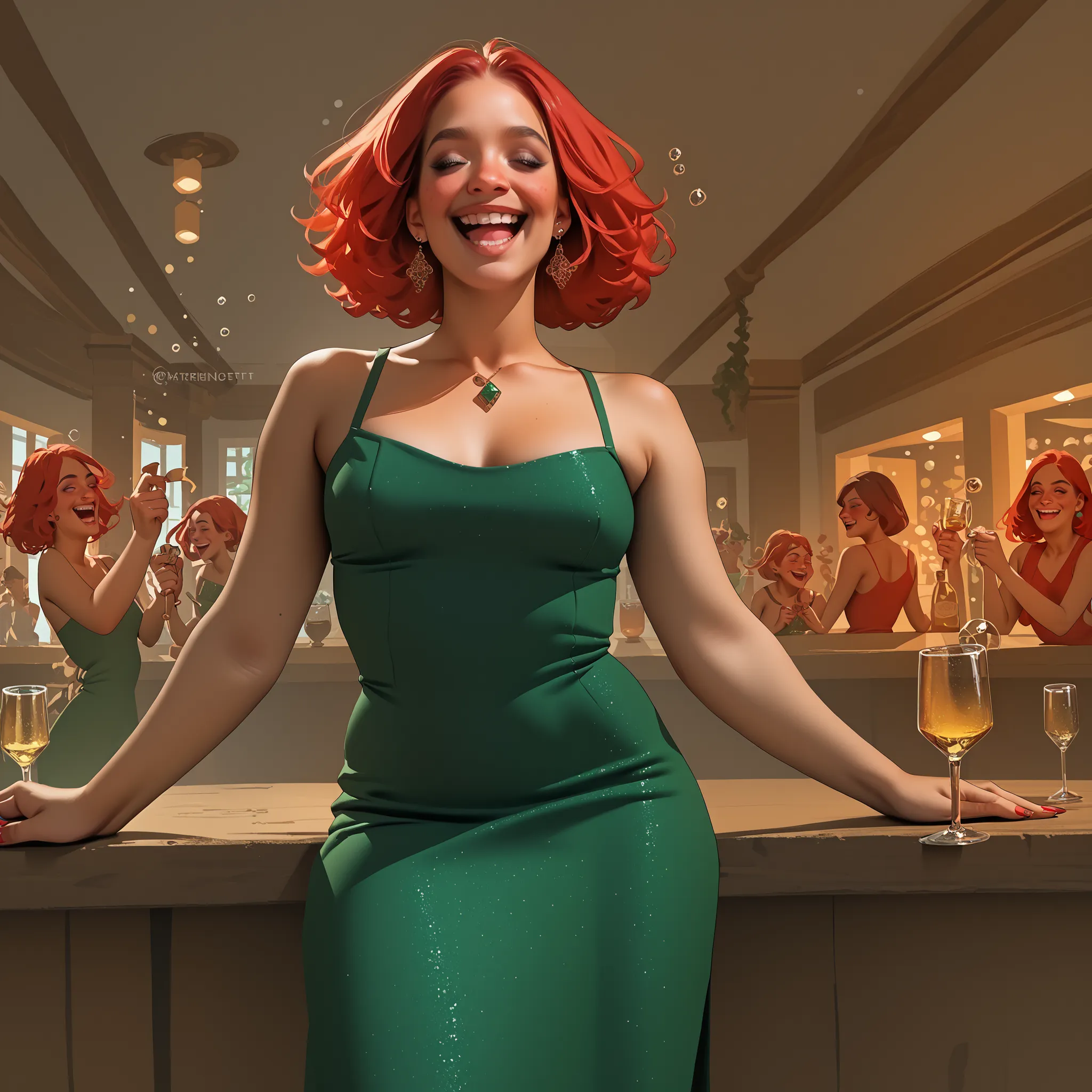 score_9, score_8_up, score_7_up, ((Create a shoet petite female with vibrant red hair and an emerald dress drunk at a party, in mid laugh)