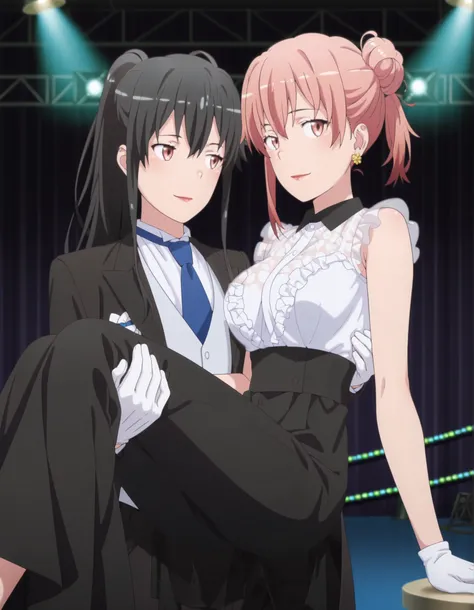 [princess carry:1.8](masterpiece, best quality, official style),ultra detailed,(newest),8k,texture,very aesthetic,(sharp focus),smooth,(unreal engine),realistic skin,anime face,cute round face,detailed eyes, BREAK smile,,,,in front,,,1girl, , standing yuki...