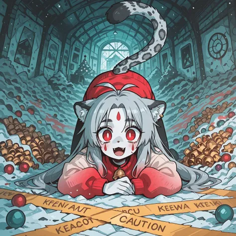 masterpiece, best quality, amazing quality, Anime Screencap. BREAK. 1girl, leopard_girl, grey_hair, red_eyes, long_hair, very_long_hair, hair_ornament, hair_bell, animal_ear_piercing, leopard_tail, fang, scar, scar_on_face, scar_across_eye, marking_on_chee...