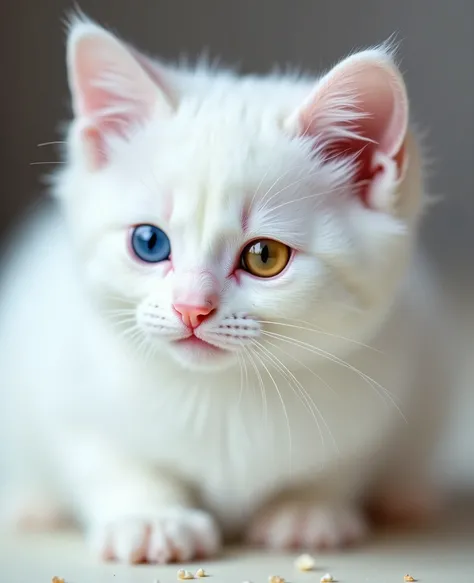  close-up zoom ,(macro:1) Photo,cute Turkish van kitten all white, with colorful eyes one eye 
yellow one blue fabulous eye painting super detail of squirrel and pupil, perfect wool drawing, you can see, super quality plays on,( Mandelbulb fractals :4) tho...