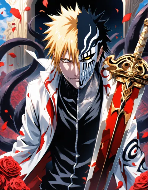 absurdres, highres, ultra detailed, HDR, masterpiece, extremely detailed face and eyes, perfect face, Hollowfication Of Uzumaki_Naruto's, Blonde hair, hair between the eyes, expressive Amber eyes, pale skin, Bleach, solo, sexy man, handsome, white Hoodie C...