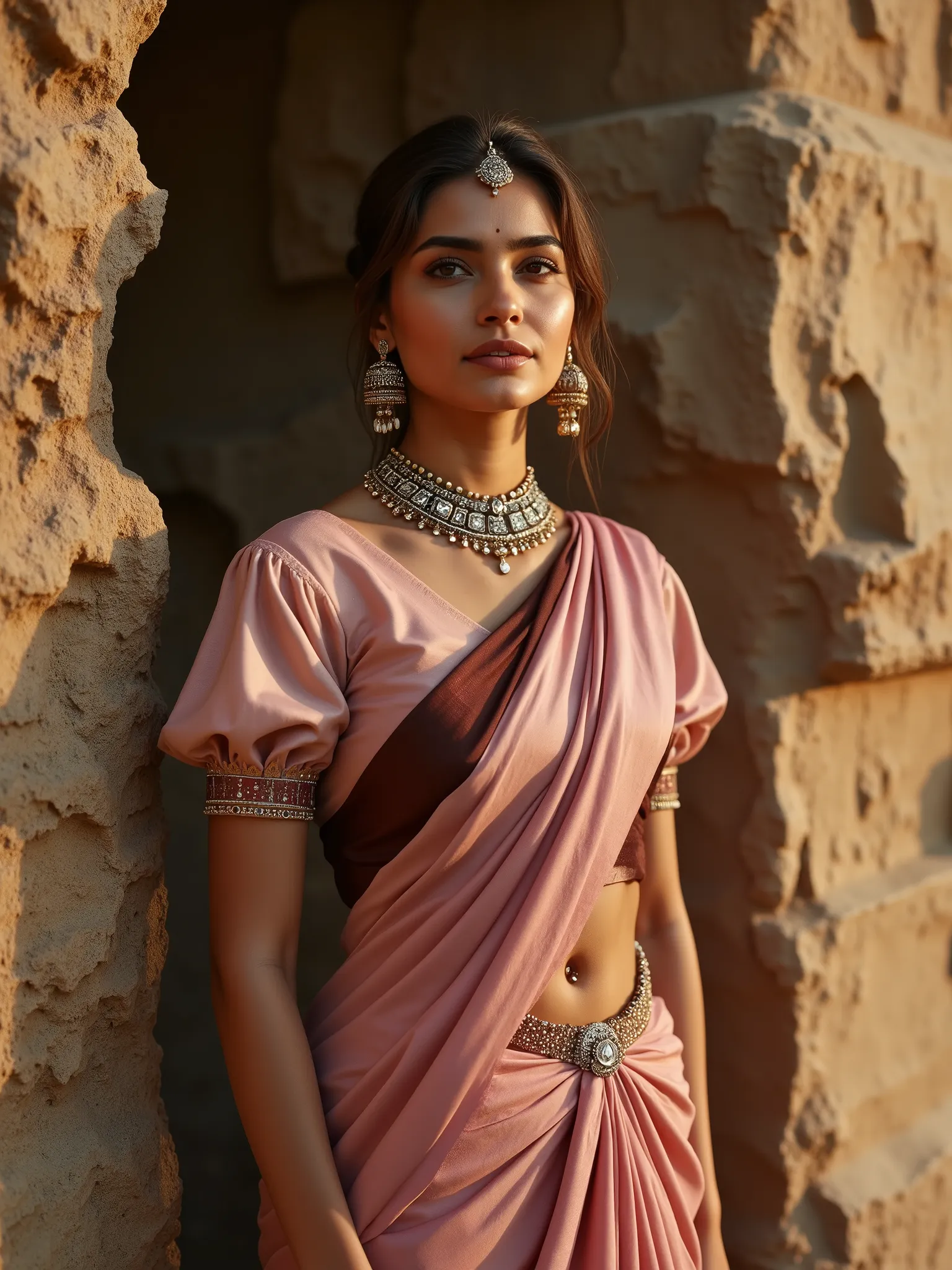 A photorealistic editorial portrait of a contemporary royal muse, blending South Asian aristocratic heritage with modern elegance. She stands tall and composed against a backdrop of raw, ancient stone textures, her luminous skin and regal bearing creating ...