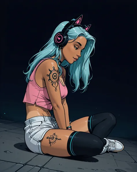 Solo, 1girl, High Resolution, Long Hair, medium Breasts, lightblue hair, dark background, manga Style, naughty look, black cat headphones, full body, bracelets, earrings, thigh tattoos, arm tattoos, High Details, dreamy, neckband , naughty posing, tanned, ...