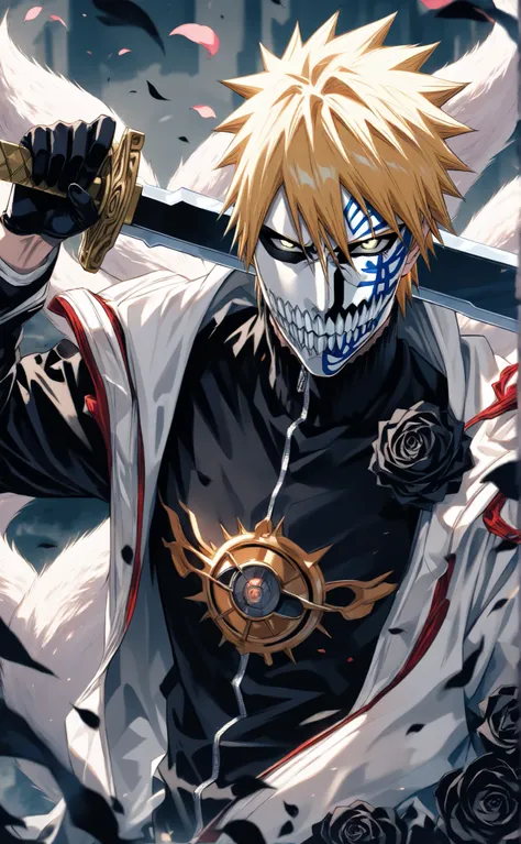 absurdres, highres, ultra detailed, HDR, masterpiece, extremely detailed face and eyes, perfect face, Hollowfication Of Uzumaki_Naruto's, Blonde hair, hair between the eyes, expressive Amber eyes, pale skin, Bleach, solo, sexy man, handsome, white Hoodie C...