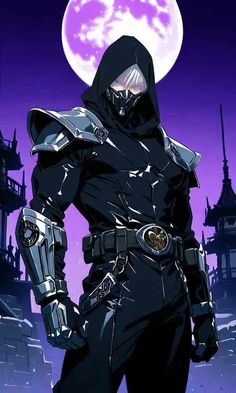 1man, gojou satoru /(jujustu kaisen/), detailed eyes, blue eyes, white hair, short hair, detailed eyelashes, colored eyelashes, sexy man, trained body, muscular, handsome, cool, mature man
scar on right eye, wide shot, moon, purple sky, castle background,...