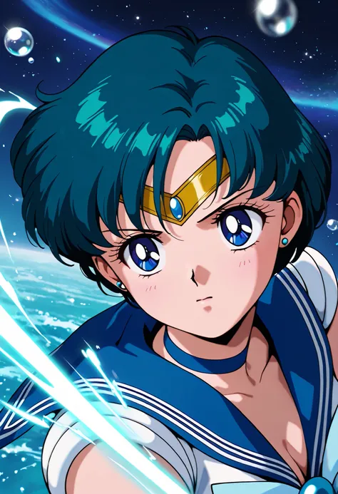 masterpiece,best quality,amazing quality, clear skin, ultra-detailed-eyes, soft skin, very awa, very as2, soft body, 90's style, official art, attack pose, ami mizuno, blue eyes, blue hair, short hair, parted bangs, blue bow, blue choker, blue sailor colla...