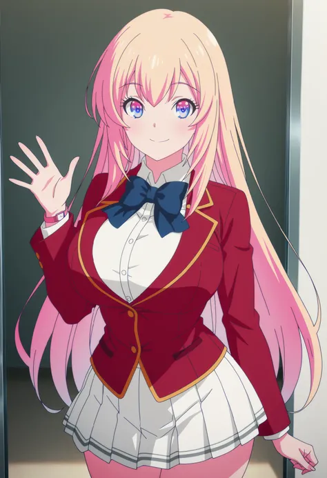 masterpiece, best quality, very detailed, , masterpiece, best quality, eyelashes, (Beautiful Eyes), cowboy shot, anime, Official Illustrationsmile,Big Breasts, Curvy
 long hair , smile ,  ,  
red jacket , pleated skirt ,white skirt , shirts
Watch viewers ,...