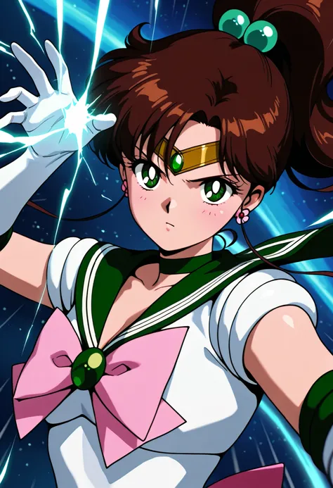 masterpiece,best quality,amazing quality, clear skin, ultra-detailed-eyes, soft skin, very awa, very as2, soft body, 90's style, official art, attack pose, sailor jupiter, brown hair, circlet, green eyes, hair bobbles, ponytail, sidelocks, parted bangs, bo...