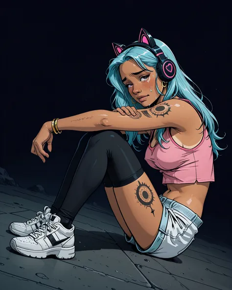 Solo, 1girl, High Resolution, Long Hair, medium Breasts, lightblue hair, dark background, manga Style, naughty look, black cat headphones, full body, bracelets, earrings, thigh tattoos, arm tattoos, High Details, dreamy, neckband , naughty posing, tanned, ...