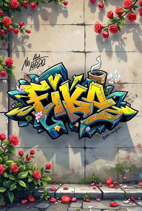 Cool graffiti spelling 'Fika' on a stone wall background, Roses, Chinese