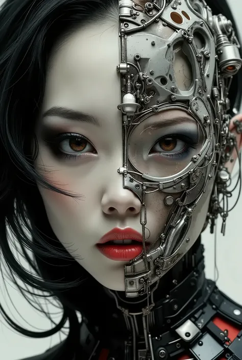 A digital artwork in the style of cknc, in the style of ck-ncr, split image in two halves, one half shows a stunning oriental woman, dark hair, dark eyeshadow, red lips, the other half shows the woman as an android cyborg with ceramic face parts, revealin...