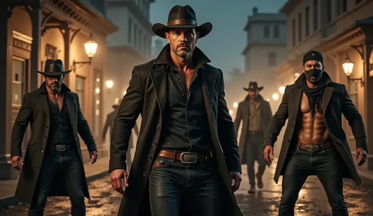 "A brutal nighttime fight scene in the gritty streets of Redstone. Jack Crowley, a rugged gunslinger dressed in a dark duster coat and worn leather hat, battles three masked men under the flickering glow of oil lanterns. Dust kicks up from the struggle as ...