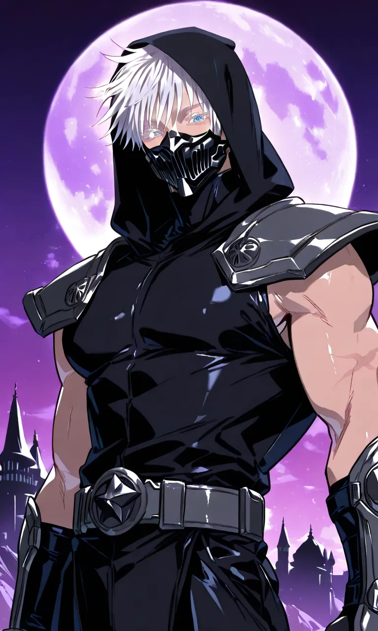 1man, gojou satoru /(jujustu kaisen/), detailed eyes, blue eyes, white hair, short hair, detailed eyelashes, colored eyelashes, sexy man, trained body, muscular, handsome, cool, mature man
scar on right eye, wide shot, moon, purple sky, castle background,...