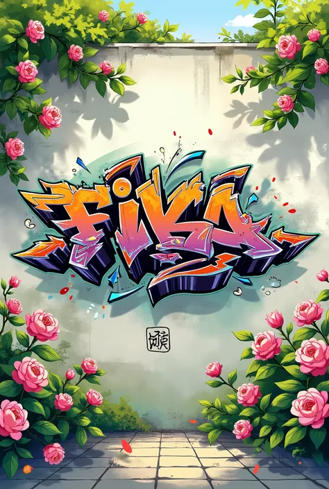 Cool graffiti spelling 'Fika' on the wall background, roses, Chinese,