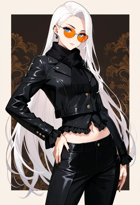 masterpiece,best quality,ultra detail, perfect anatomy, mature woman, 28 years old, black nails, blue eyes, closed mouth, cowboy shot, ear piercing, hand on own hip, long sleeves, looking at the viewer, nail polish, orange-tinted eyewear, solo, very long h...