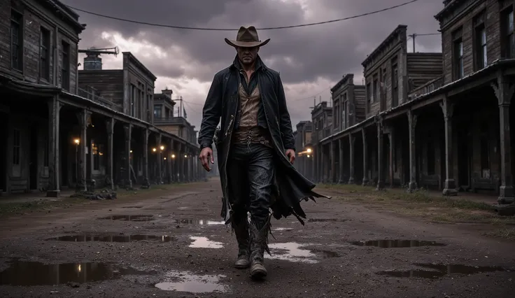 Hyper-realistic cinematic wide shot captured in 16:9 aspect ratio: a solitary cowboy walks slowly down the center of a deserted, mud-soaked street in a crumbling, forgotten Old West town at dusk. The cold air hangs heavy with mist and the lingering threat ...