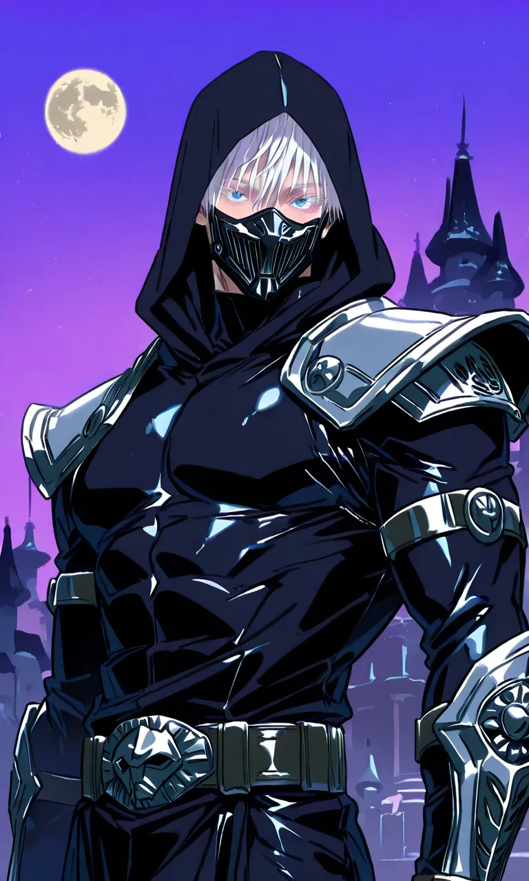 1man, gojou satoru /(jujustu kaisen/), detailed eyes, blue eyes, white hair, short hair, detailed eyelashes, colored eyelashes, sexy man, trained body, muscular, handsome, cool, mature man
scar on right eye, wide shot, moon, purple sky, castle background,...