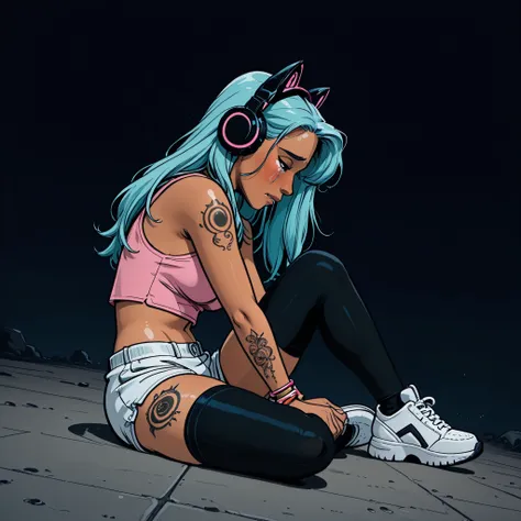 Solo, 1girl, High Resolution, Long Hair, medium Breasts, lightblue hair, dark background, manga Style, naughty look, black cat headphones, full body, bracelets, earrings, thigh tattoos, arm tattoos, High Details, dreamy, neckband , naughty posing, tanned, ...