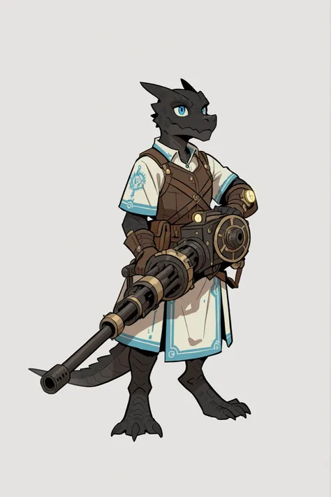 charater sheet, kobold, male, reptilian blue eyes, black scales, holding a minigun with both hands,
full armor, artificer, steampunk, brown clothes