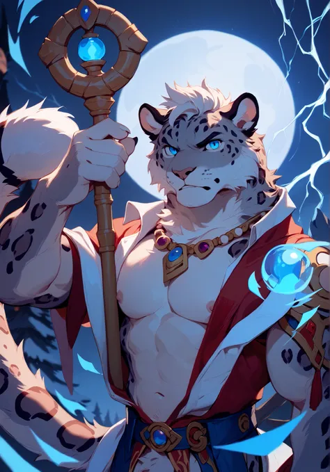 Best Quality,High Quality,Ultra High Resolution,detailed eyes, Exquisite Face ,snow leopard,magician, Lightning Magic ,night,serious,Meatball,nipple,(Tail),5 Fingers,paw,serious表情,No shirt,Slim Necklace ,Staff,blue eyes,artist:Arashi Takehoto