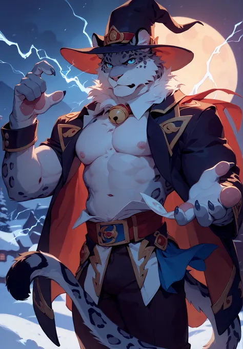 Best Quality,High Quality,Ultra High Resolution,detailed eyes, Exquisite Face ,snow leopard,magician, Lightning Magic ,night,serious,Meatball,nipple,Tail,5 Fingers,paw,serious表情,No shirt,artist:Arashi Takehoto