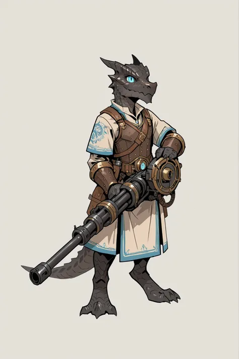 charater sheet, kobold, male, reptilian blue eyes, black scales, holding a minigun with both hands,
full armor, artificer, steampunk, brown clothes, kushala daora