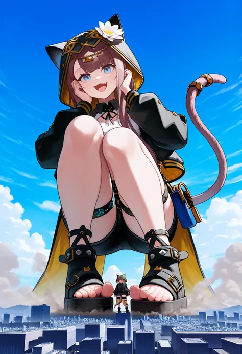 score_9_up, score_8_up, score_7_up, 1girl, pepe_\(arknights\), solo, blue eyes black shorts, black jacket, belt, thigh strap, midriff, long sleeves, fang, shirt, short shorts, cat ears, white shirt, cat hood, cat girl, key, open jacket, white flower, (gian...