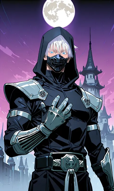 1man, gojou satoru /(jujustu kaisen/), detailed eyes, blue eyes, white hair, short hair, detailed eyelashes, colored eyelashes, sexy man, trained body, muscular, handsome, cool, mature man
scar on right eye, wide shot, moon, purple sky, castle background,...