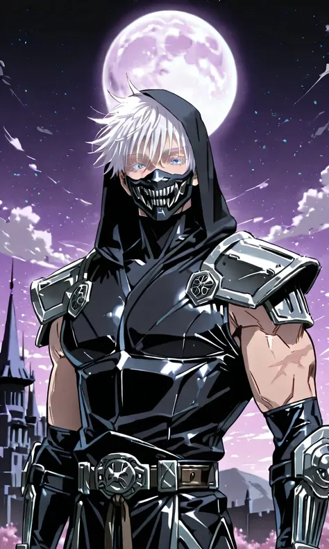 1man, gojou satoru /(jujustu kaisen/), detailed eyes, blue eyes, white hair, short hair, detailed eyelashes, colored eyelashes, sexy man, trained body, muscular, handsome, cool, mature man
scar on right eye, wide shot, moon, purple sky, castle background,...
