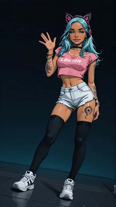 Solo, 1girl, High Resolution, Long Hair, medium Breasts, lightblue hair, dark background, manga Style, naughty look, black cat headphones, full body, bracelets, earrings, thigh tattoos, arm tattoos, High Details, dreamy, neckband , naughty posing, tanned, ...