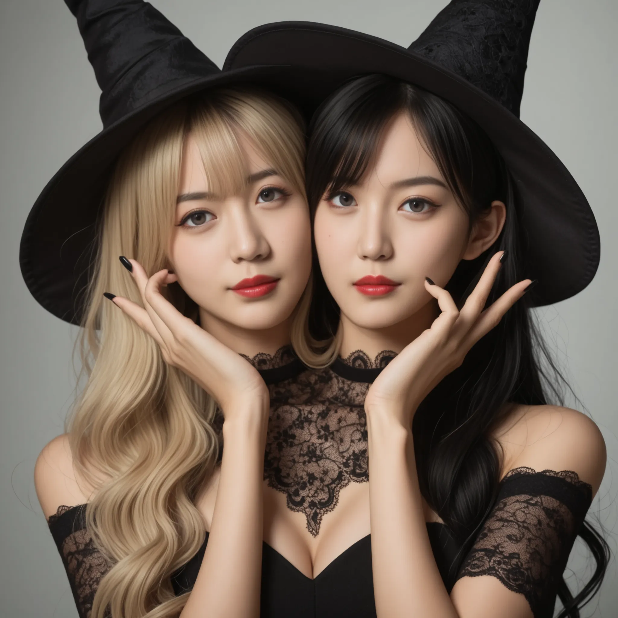 best resolution, japanese woman with two heads, conjoined, neutral expression, different hair colors, blonde hair, black hair, black nails, lace, black witch hats, witch costume, detailed face, realism, deep red lipstick