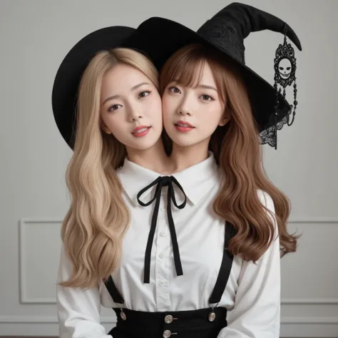 best resolution, japanese woman with two heads, conjoined, slightly open mouth, blush, neutral expression, different hair colors, blonde hair, brown hair, lace, black witch hats, ribbon , white button shirt, black overalls, detailed face, realism, deep re...